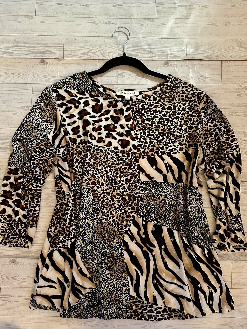 NWOT XL EMILY DANIELS Leopard & Zebra Patchwork 3/4 Sleeve Top - Animal Print